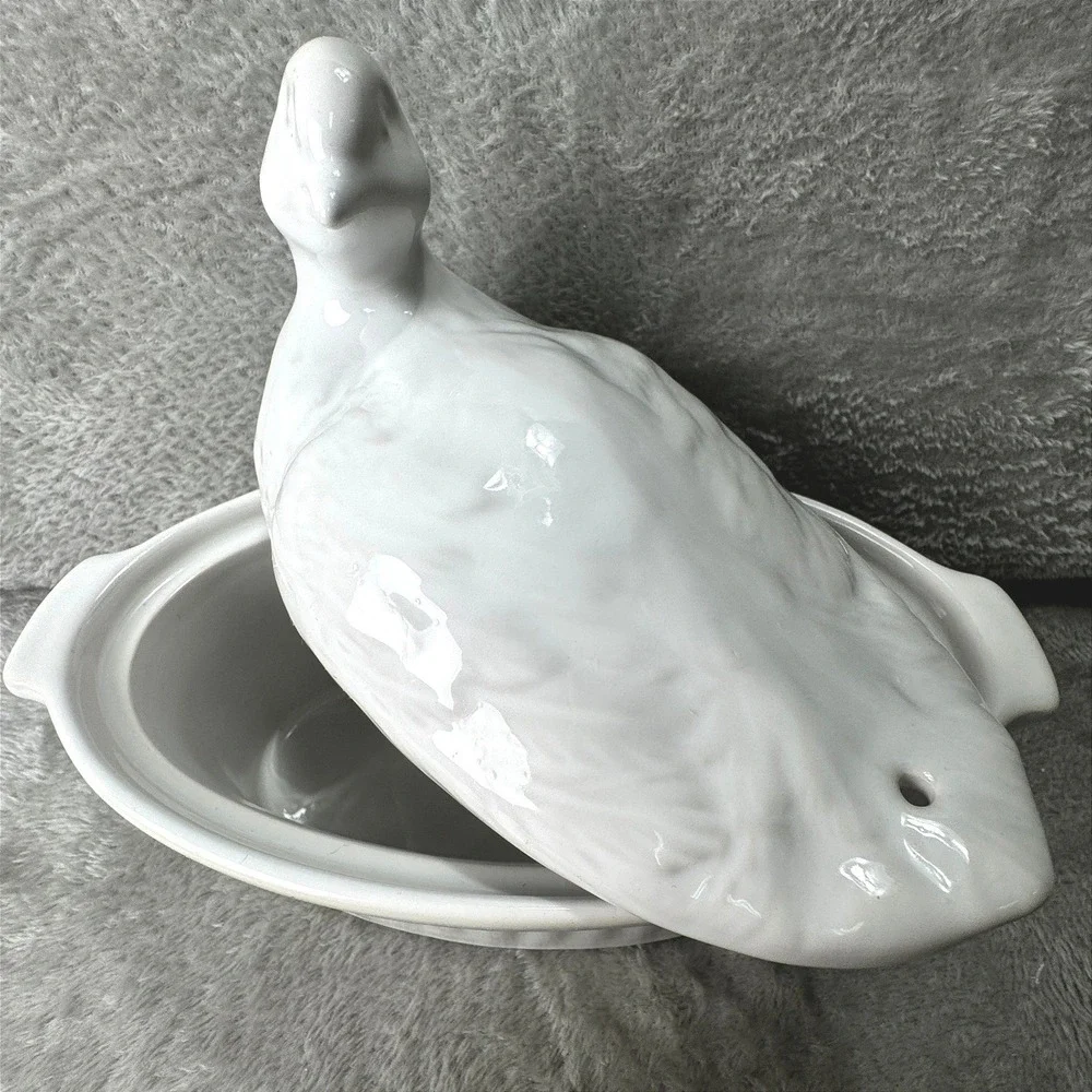 Pier 1 Imports Made in France Duck on a Nest Tureen Dish Ribbed White Ceramic